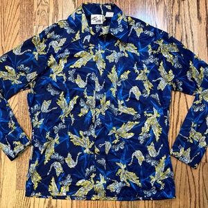 Vintage 60s 70s Disco Mod Brady Bunch Button Up Shirt Floral Print Blue M Sutton